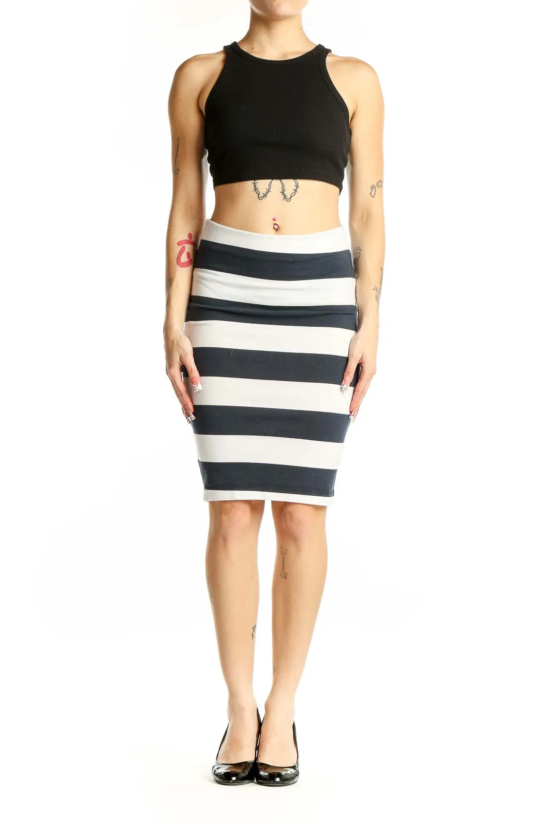 Black and White Striped Pencil Skirt
