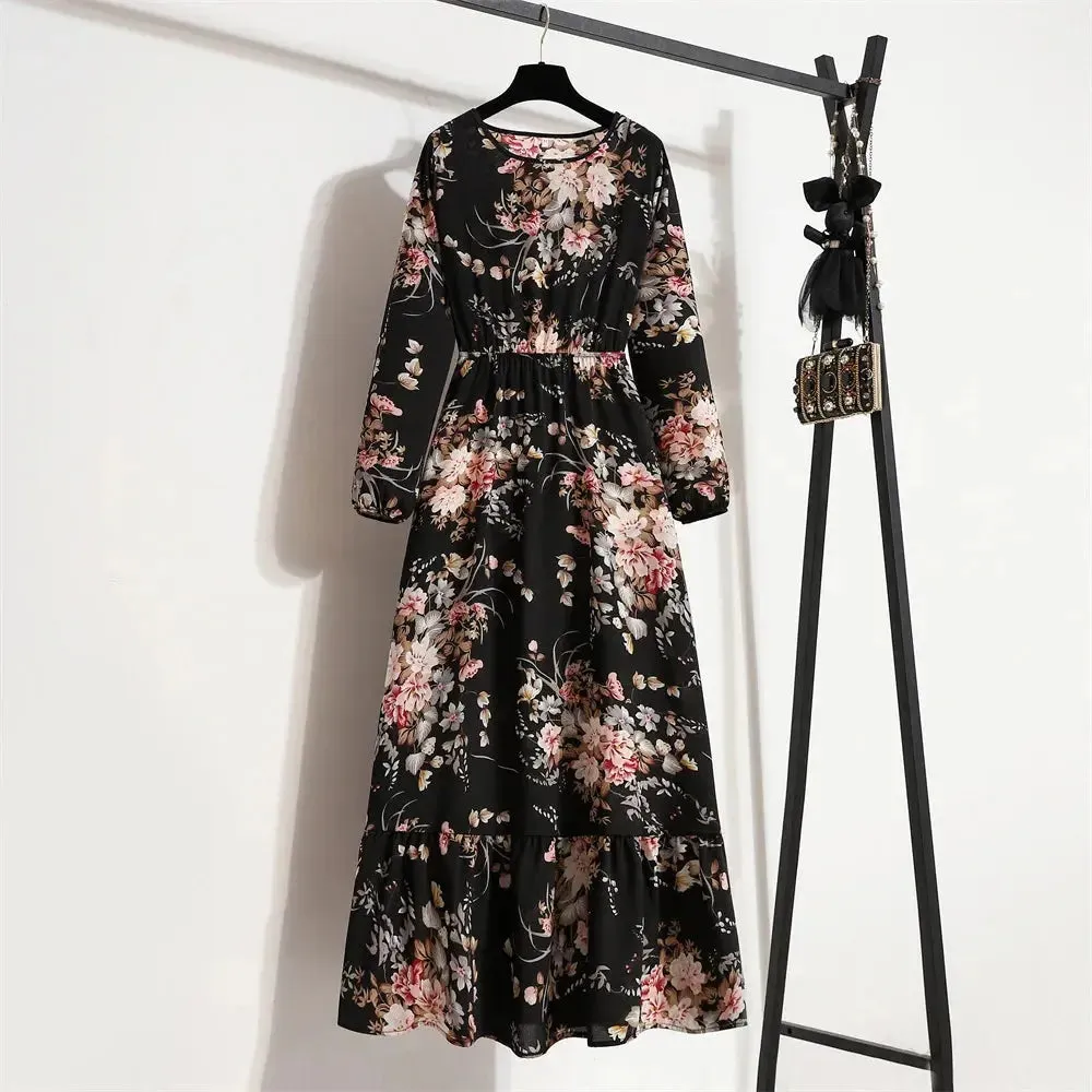 Casual Summer dresses for women Summer Dresses for Women Casual Solid Full Sleeve Floral Printed O-neck Woman Bohe Beach Party Long Dress Mujer Vestidos