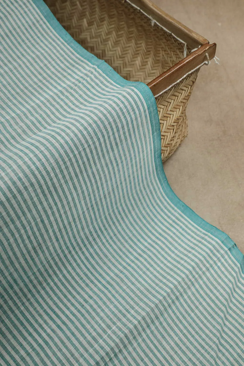 Cream with Green Stripe Mangalagiri Cotton Fabric