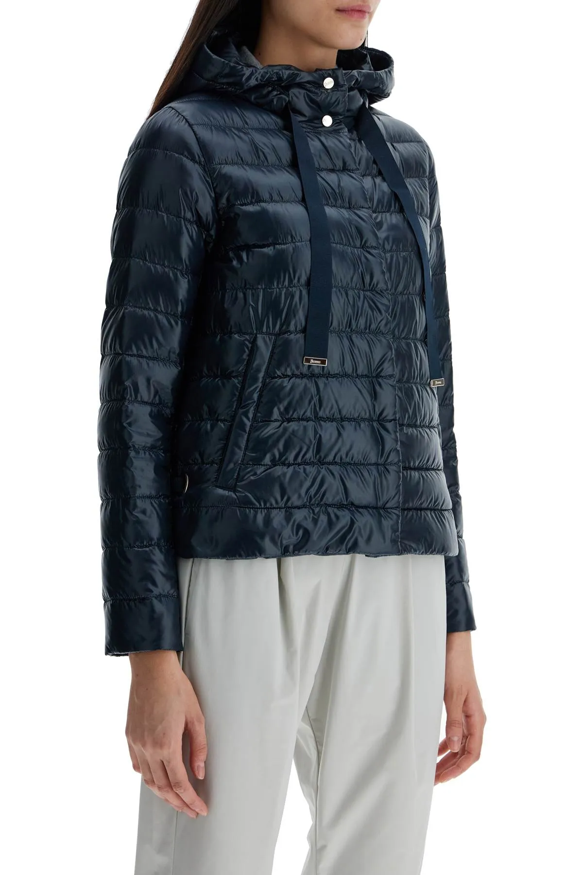 cropped down jacket with hood in ultralight dark blue nylon PI001994D 12017Z BLU