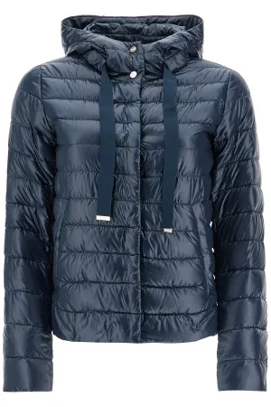 cropped down jacket with hood in ultralight dark blue nylon PI001994D 12017Z BLU