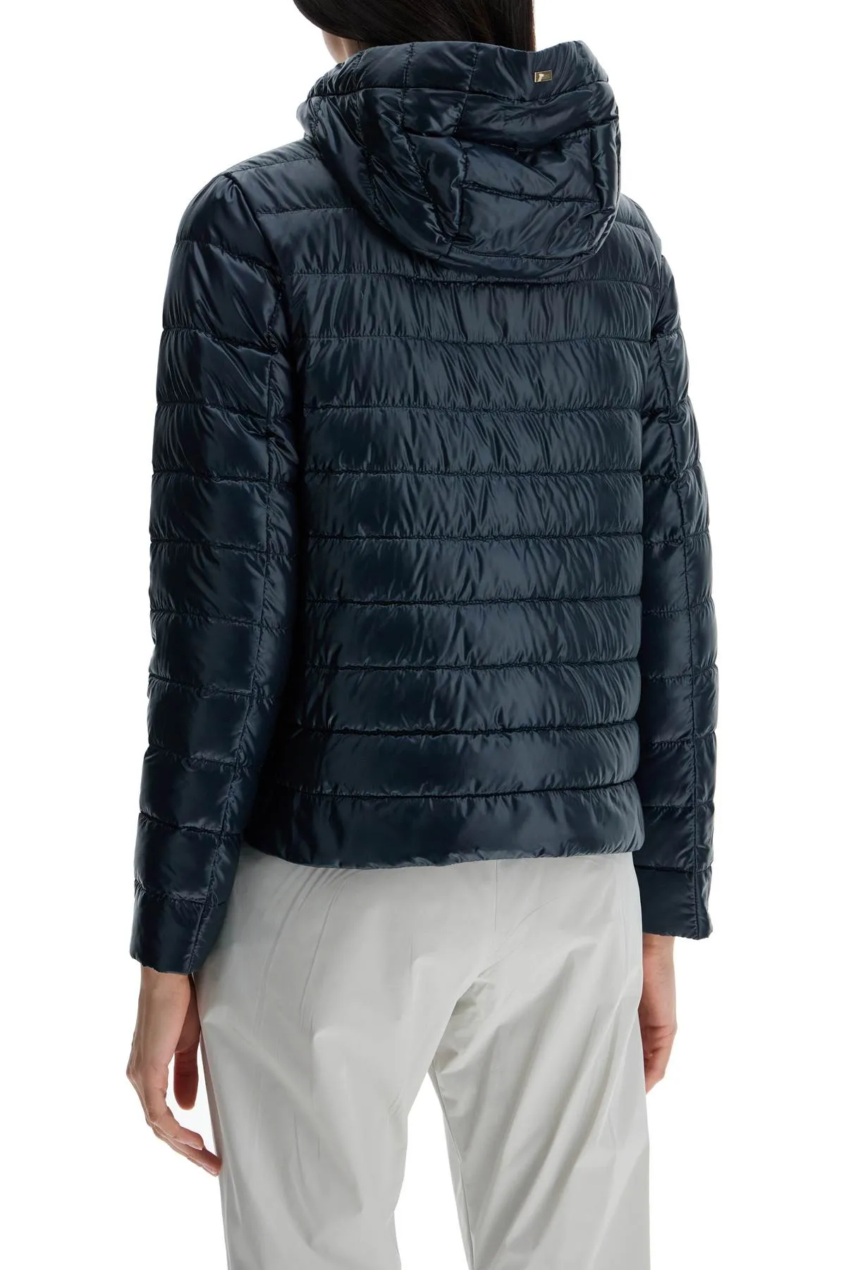 cropped down jacket with hood in ultralight dark blue nylon PI001994D 12017Z BLU