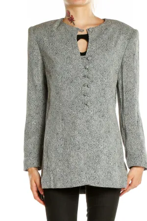 Gray Paisley Textured Long Blazer