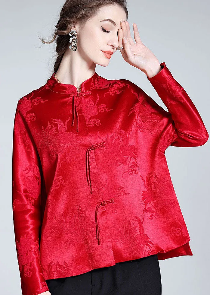 Handmade Red Tasseled Chinese Button Jacquard Patchwork Silk Shirts Spring LY0985