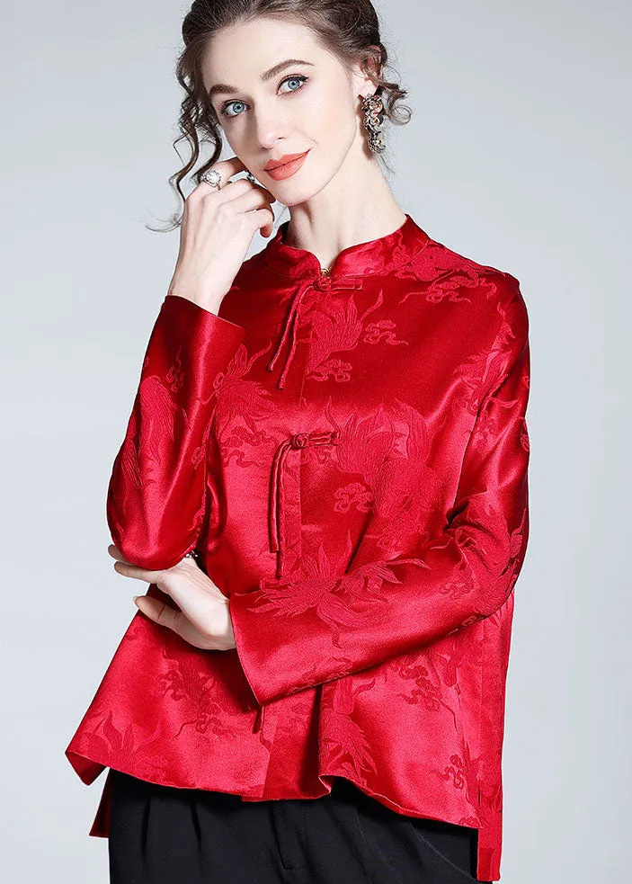 Handmade Red Tasseled Chinese Button Jacquard Patchwork Silk Shirts Spring LY0985