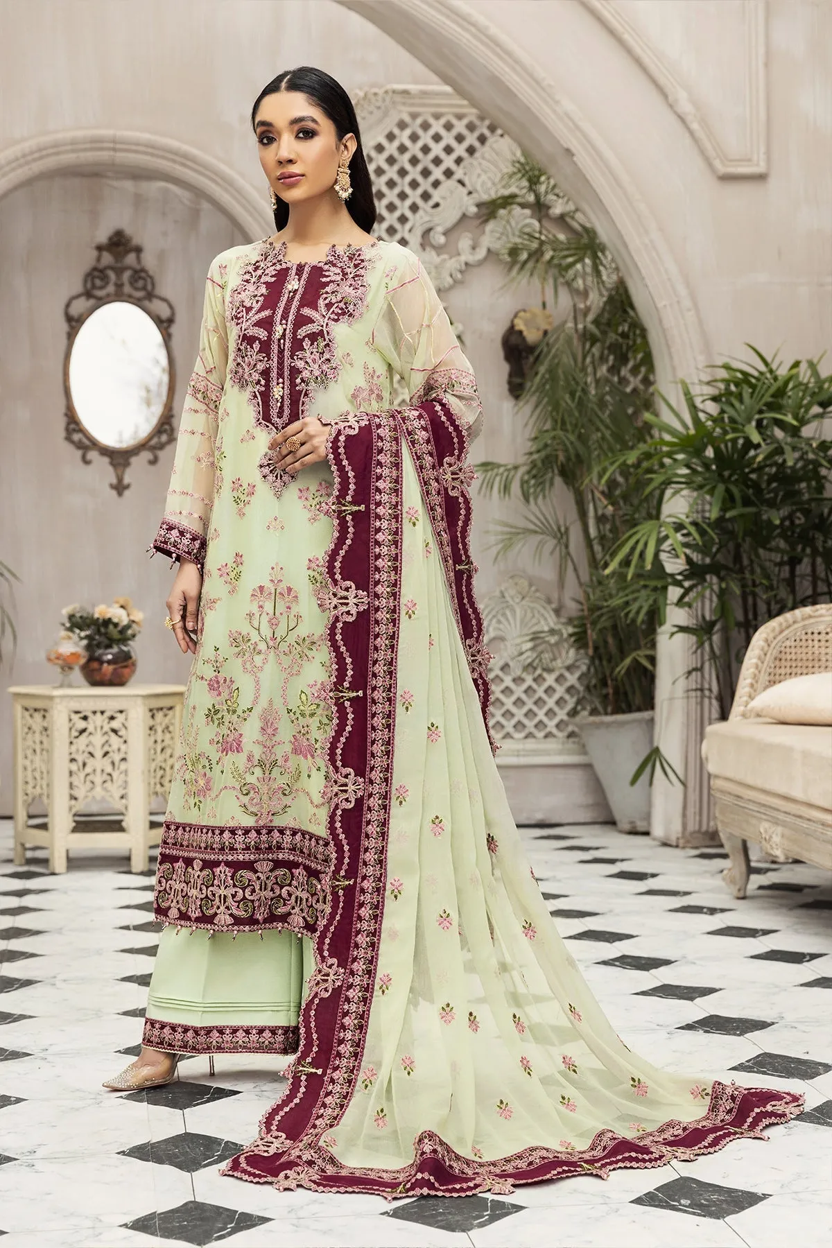 Latest Gown Dress Pakistani in Pistachio Shade #PF464