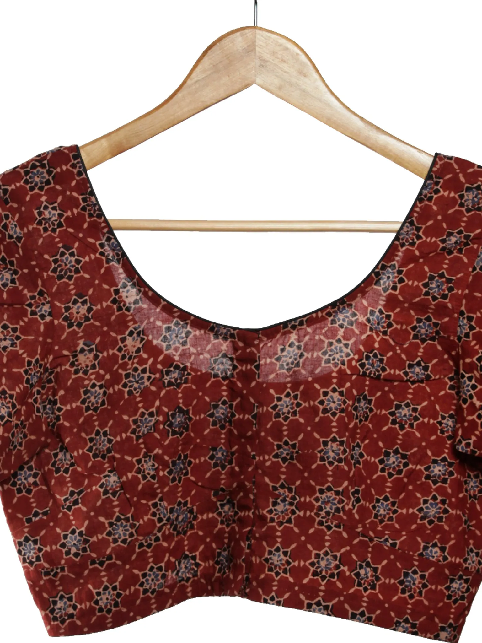 Maroon Black Indigo Ajrakh Hand Printed Cotton Blouse - B05F1622