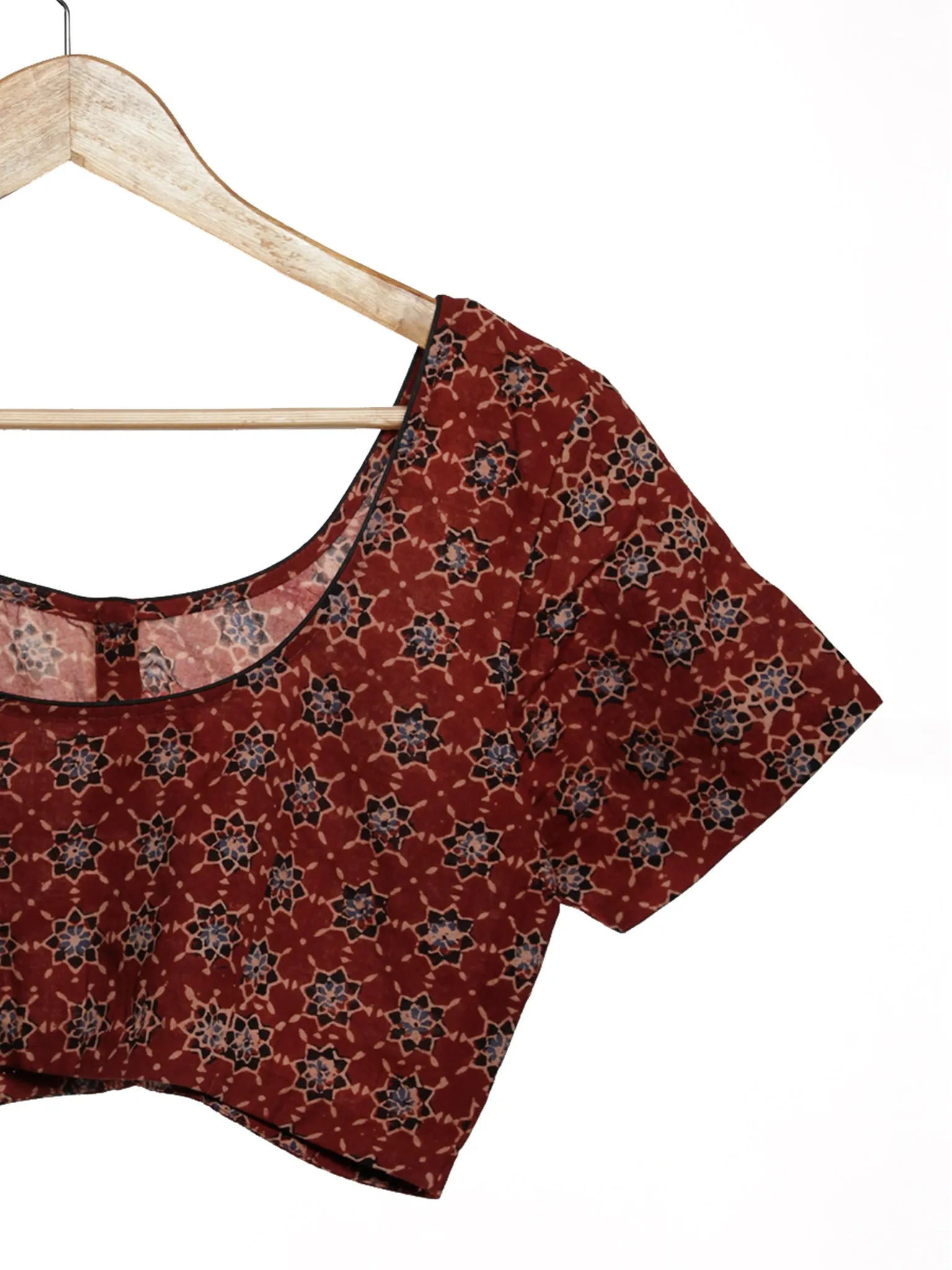 Maroon Black Indigo Ajrakh Hand Printed Cotton Blouse - B05F1622
