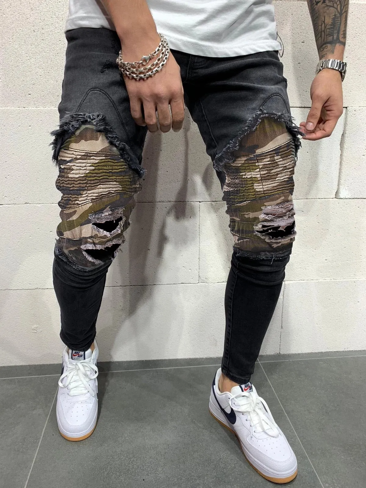 Men's Pleated Camouflage Slim Fit Jeans - GlamzLife