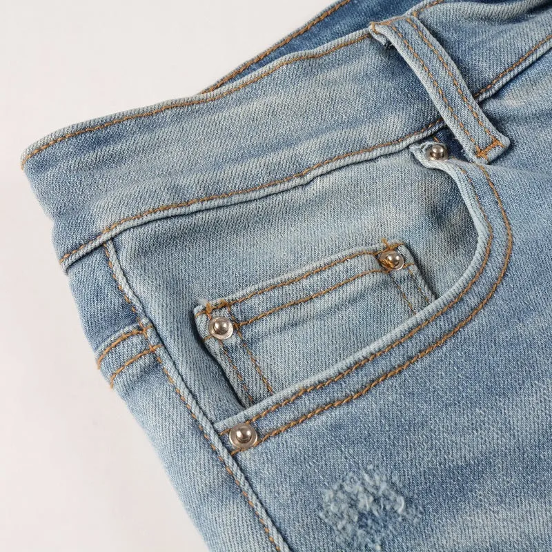 Men's Pleated Pattern Paisley Pattern Patch Ripped Slim Fit Skinny Jeans