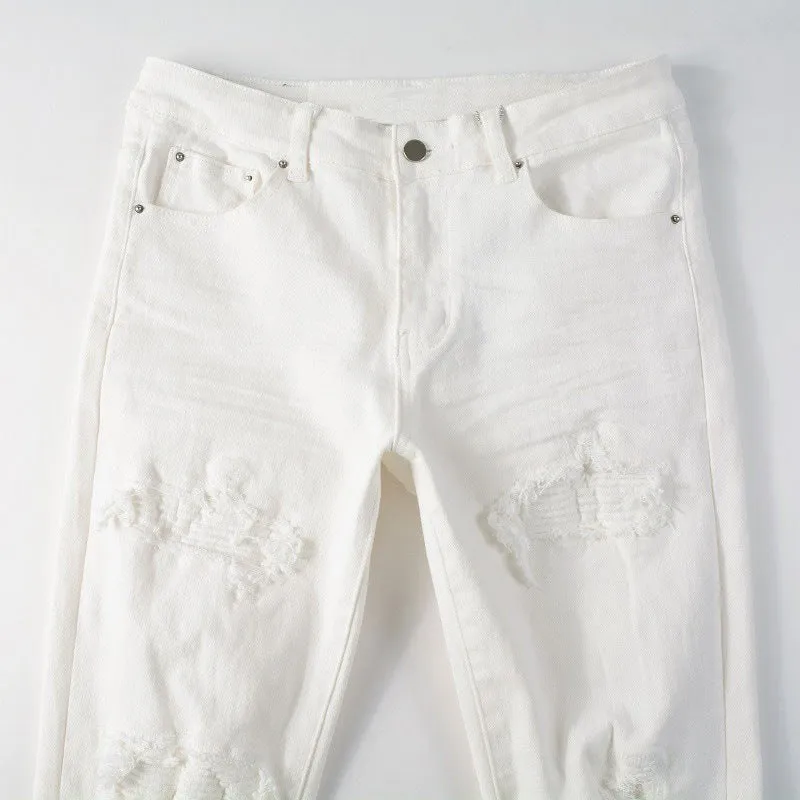 Men's Ripped Patch Elastic Slim Fit Jeans