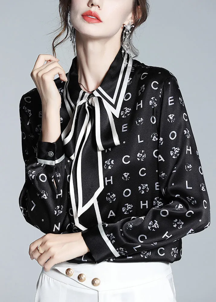 Organic Black Peter Pan Collar Print Bow Button Silk Shirts Spring LY0723