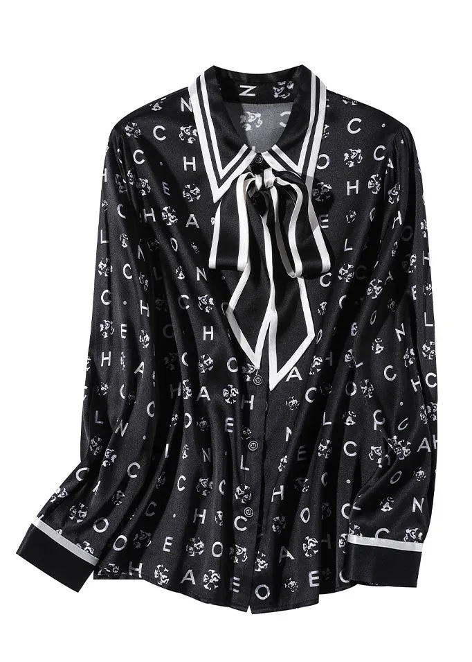 Organic Black Peter Pan Collar Print Bow Button Silk Shirts Spring LY0723