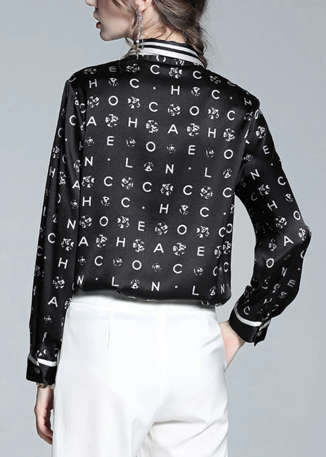 Organic Black Peter Pan Collar Print Bow Button Silk Shirts Spring LY0723