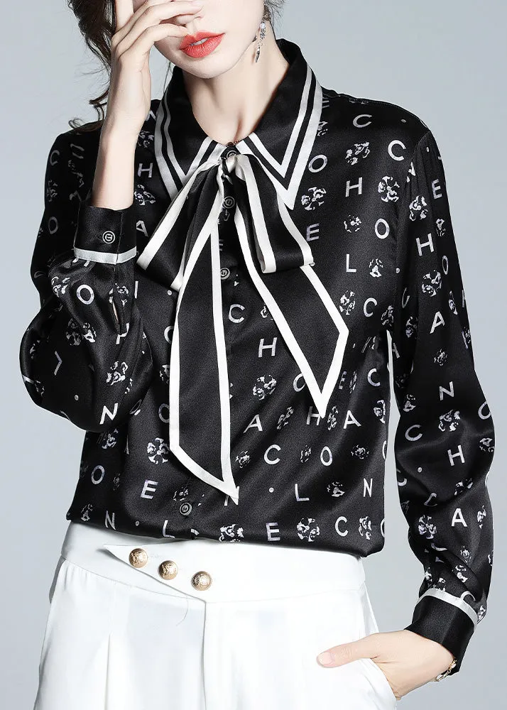 Organic Black Peter Pan Collar Print Bow Button Silk Shirts Spring LY0723