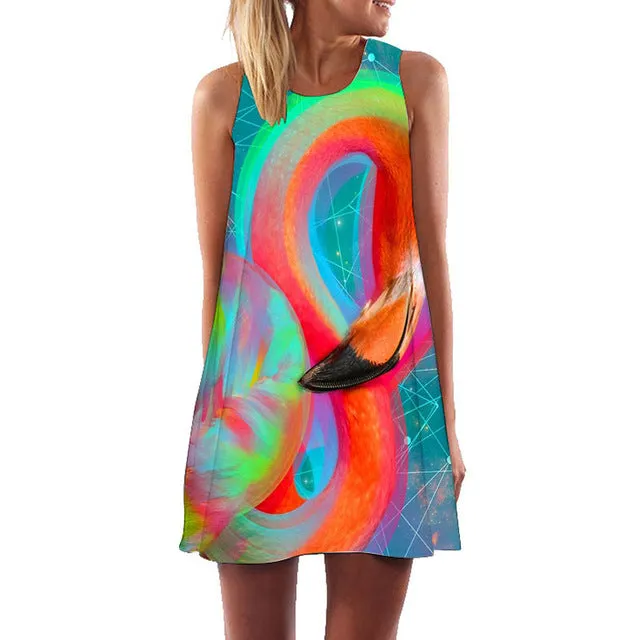 Plus Size S-3XL Sleeveless Beach Boho Dress Flamingo Floral Print Clothes Women 2018 Summer Short Shift Dresses Casual Vestido