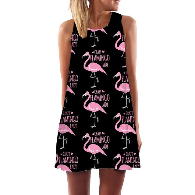 Plus Size S-3XL Sleeveless Beach Boho Dress Flamingo Floral Print Clothes Women 2018 Summer Short Shift Dresses Casual Vestido