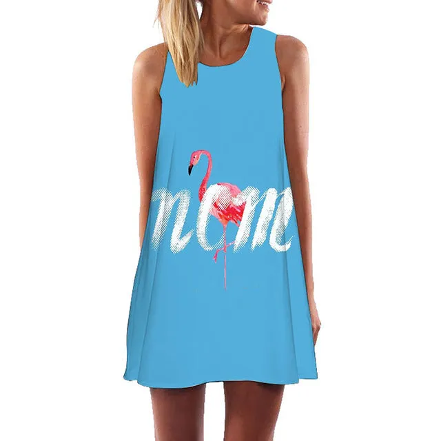 Plus Size S-3XL Sleeveless Beach Boho Dress Flamingo Floral Print Clothes Women 2018 Summer Short Shift Dresses Casual Vestido
