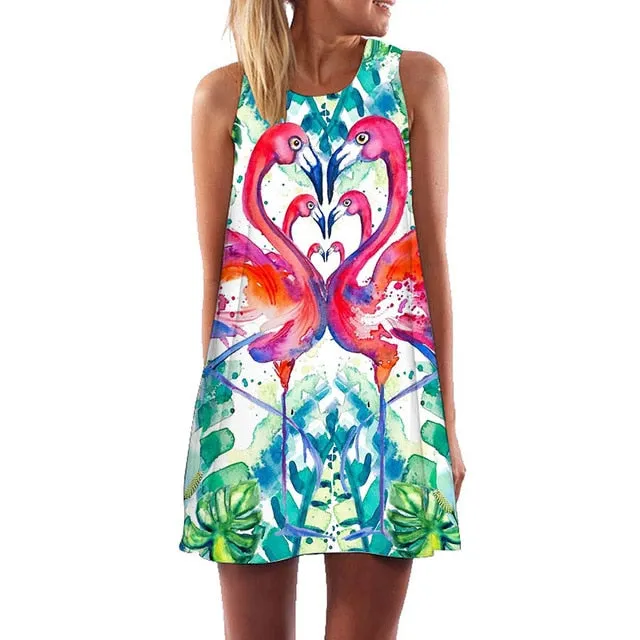 Plus Size S-3XL Sleeveless Beach Boho Dress Flamingo Floral Print Clothes Women 2018 Summer Short Shift Dresses Casual Vestido