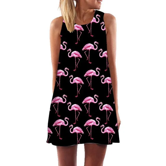 Plus Size S-3XL Sleeveless Beach Boho Dress Flamingo Floral Print Clothes Women 2018 Summer Short Shift Dresses Casual Vestido