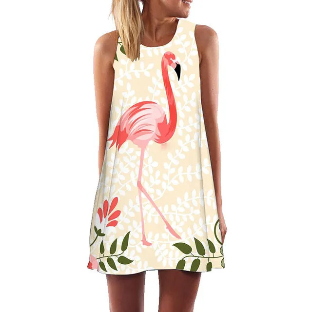 Plus Size S-3XL Sleeveless Beach Boho Dress Flamingo Floral Print Clothes Women 2018 Summer Short Shift Dresses Casual Vestido