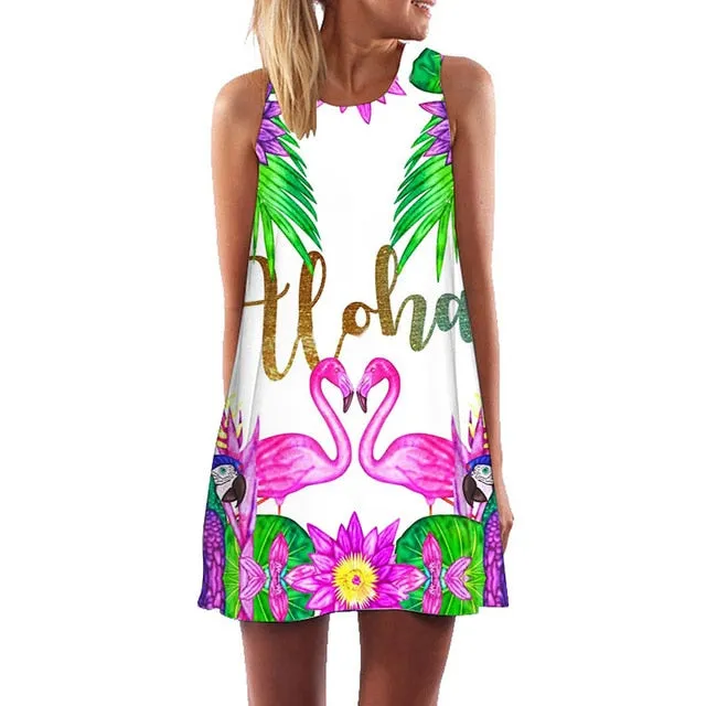 Plus Size S-3XL Sleeveless Beach Boho Dress Flamingo Floral Print Clothes Women 2018 Summer Short Shift Dresses Casual Vestido