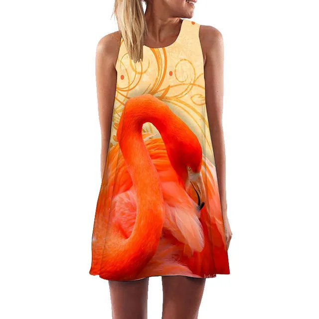 Plus Size S-3XL Sleeveless Beach Boho Dress Flamingo Floral Print Clothes Women 2018 Summer Short Shift Dresses Casual Vestido