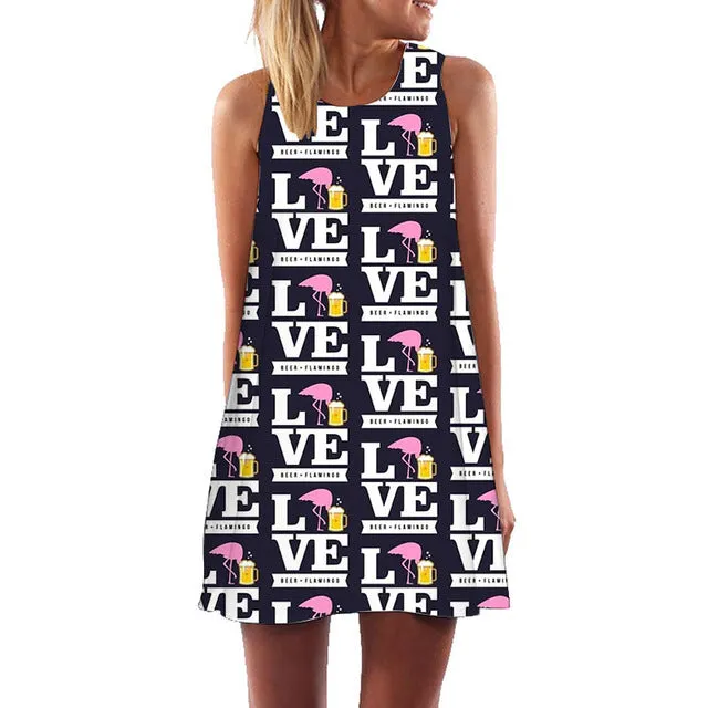Plus Size S-3XL Sleeveless Beach Boho Dress Flamingo Floral Print Clothes Women 2018 Summer Short Shift Dresses Casual Vestido