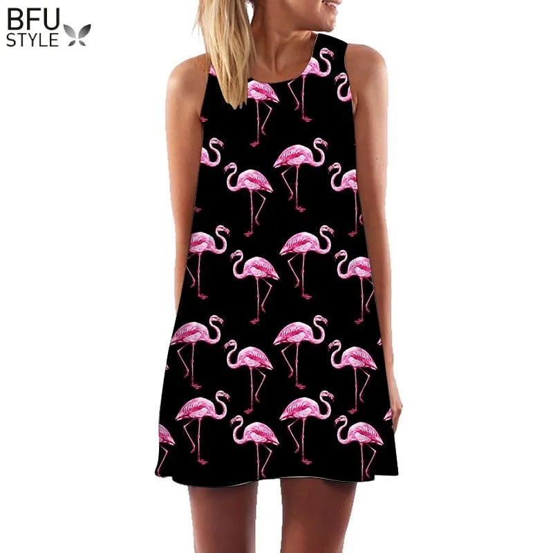 Plus Size S-3XL Sleeveless Beach Boho Dress Flamingo Floral Print Clothes Women 2018 Summer Short Shift Dresses Casual Vestido