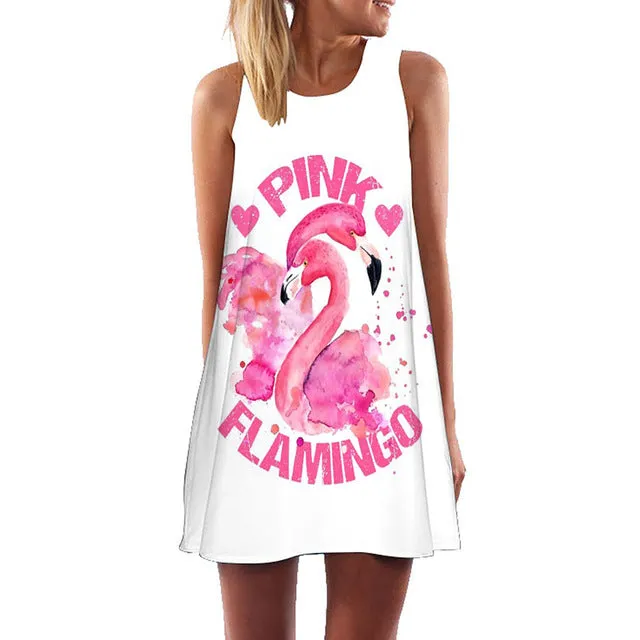 Plus Size S-3XL Sleeveless Beach Boho Dress Flamingo Floral Print Clothes Women 2018 Summer Short Shift Dresses Casual Vestido