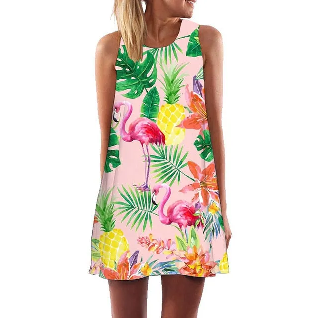Plus Size S-3XL Sleeveless Beach Boho Dress Flamingo Floral Print Clothes Women 2018 Summer Short Shift Dresses Casual Vestido