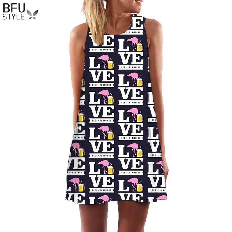 Plus Size S-3XL Sleeveless Beach Boho Dress Flamingo Floral Print Clothes Women 2018 Summer Short Shift Dresses Casual Vestido