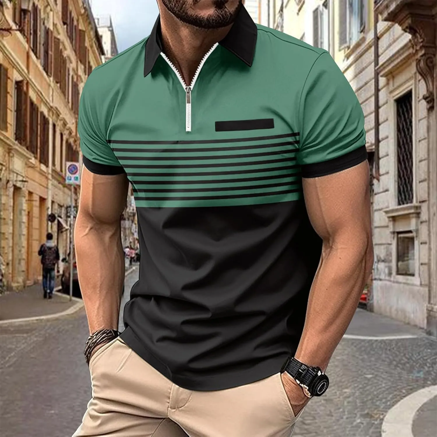 Polo Shirts Man Casual Oversized Short Sleeve Button Lapel Golf Tee Shirt Fashion Solid Color Stripe Cozy Fit Tops