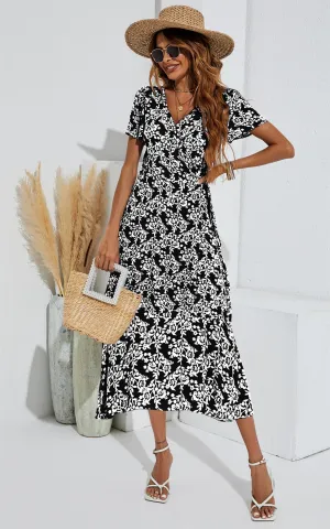 White Floral Print Wrap Midi Dress In Black
