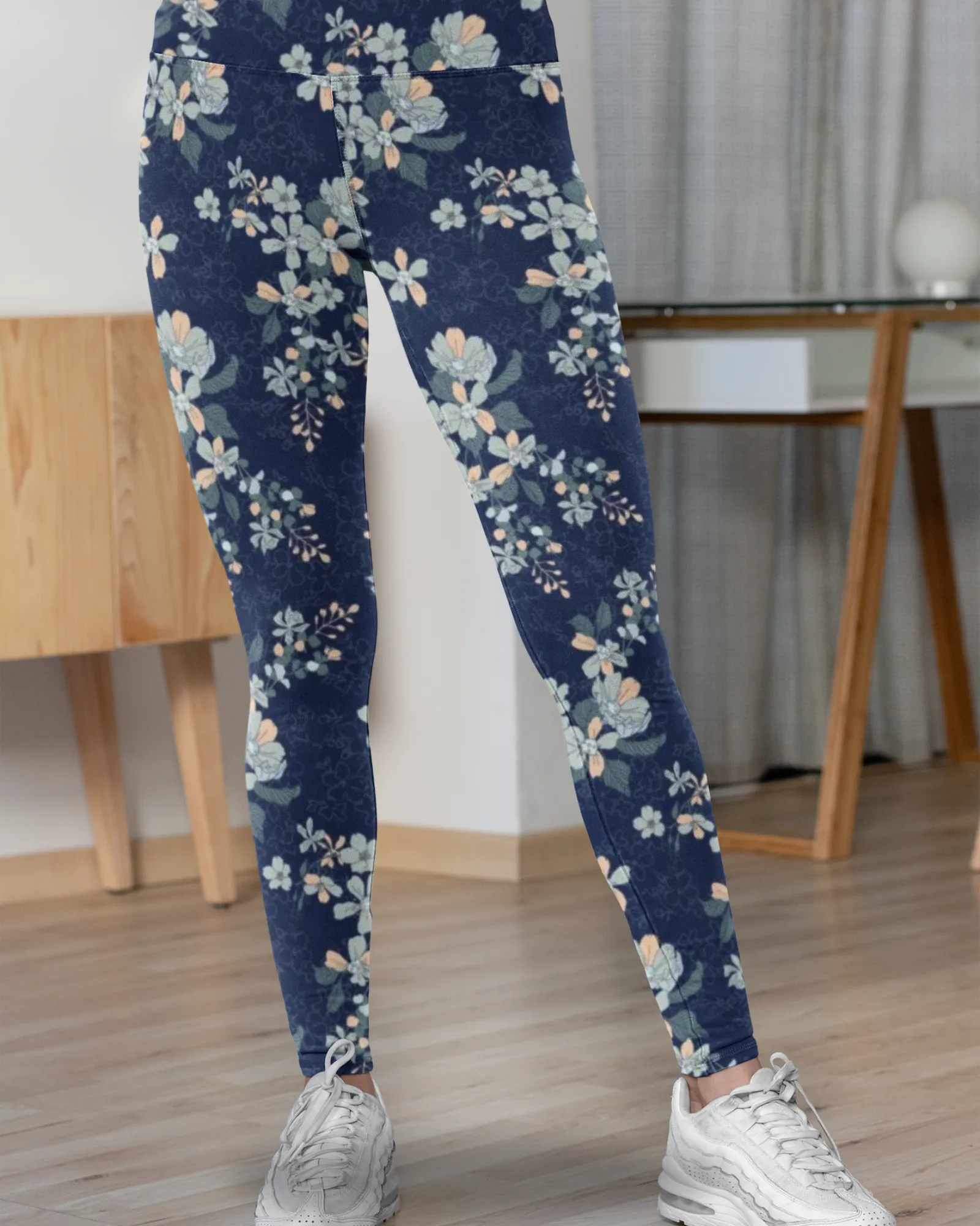 Women's High Waist Leggings - Blue Floral
