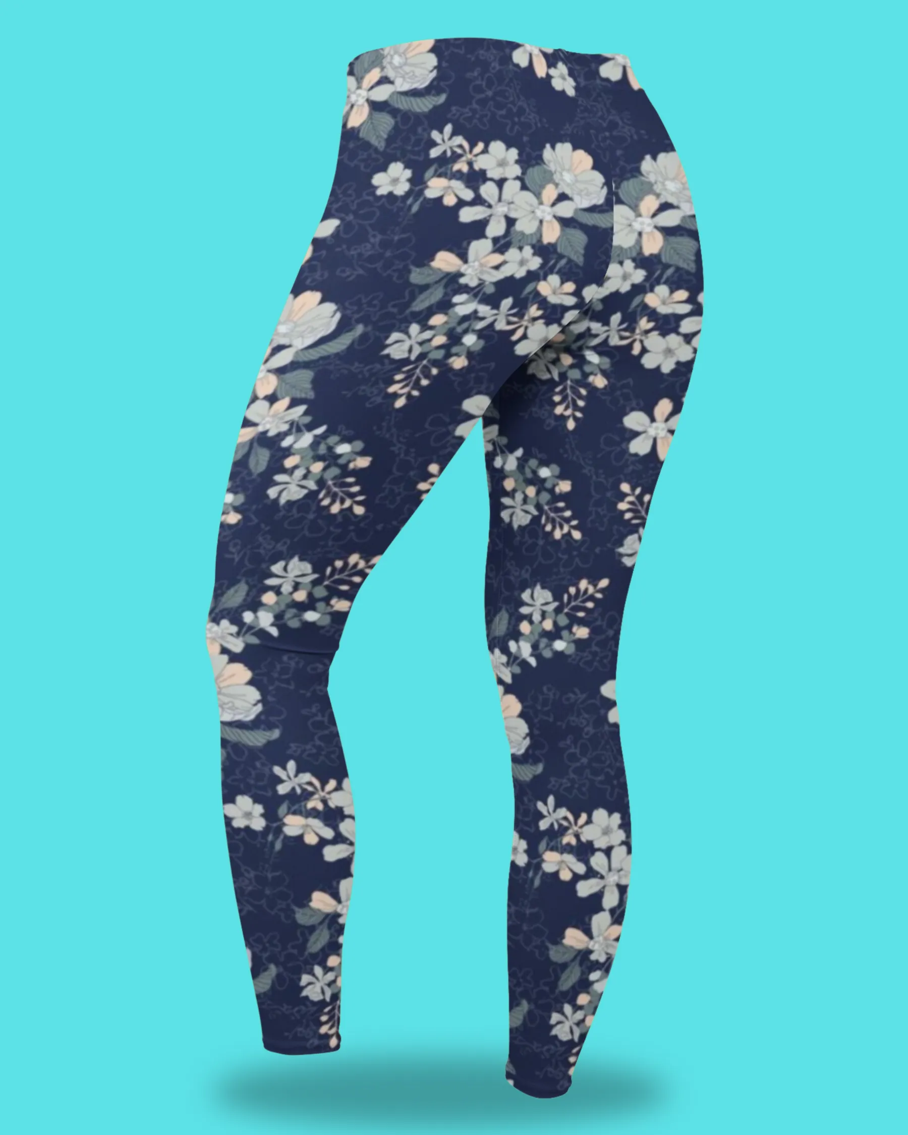 Women's High Waist Leggings - Blue Floral