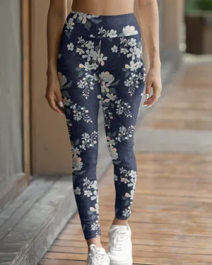 Women's High Waist Leggings - Blue Floral
