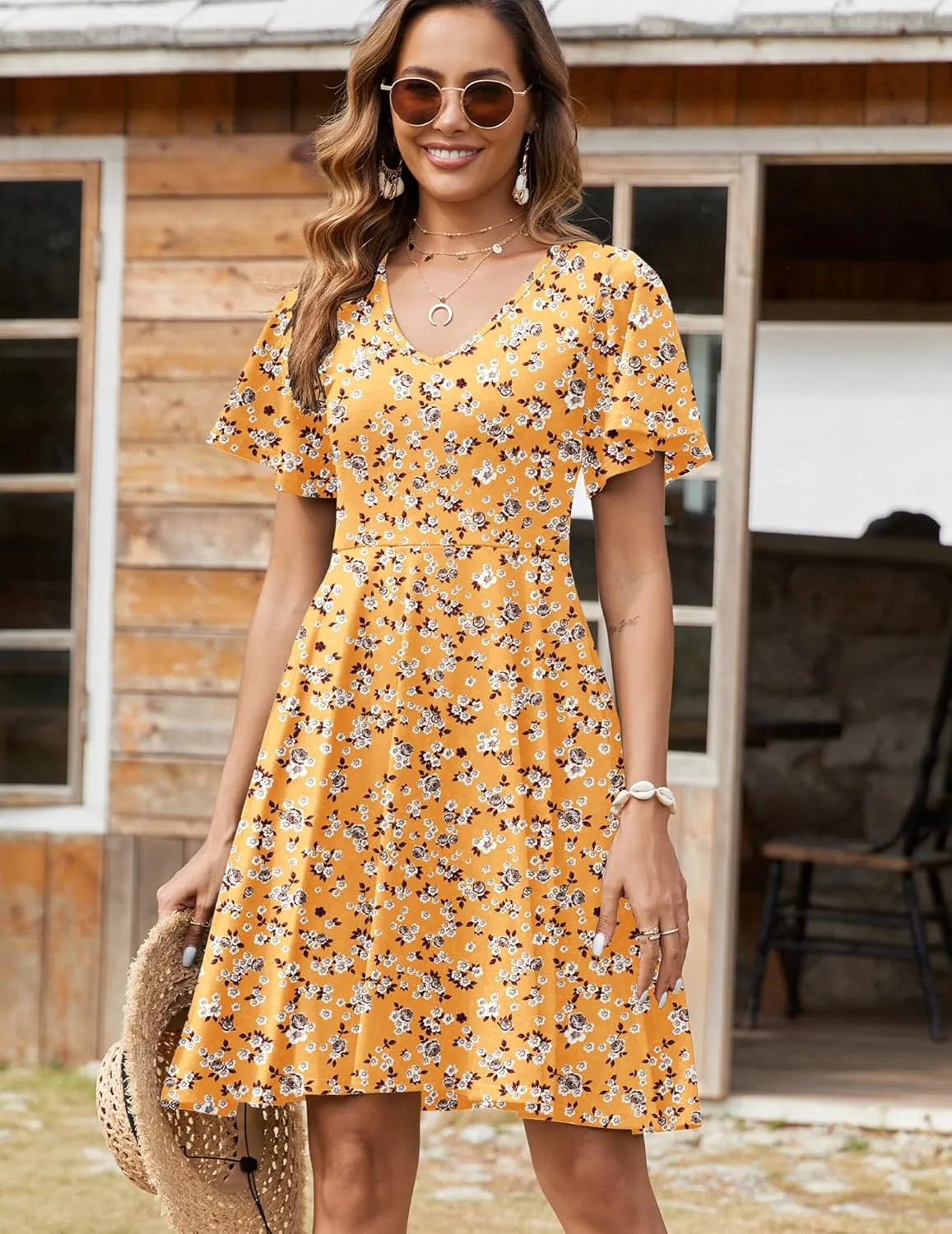 Zeagoo Womens Summer Dress Casual Swing Floral Ruffle Short Sleeve Sundresses Beach Mini A-line Shift Dress 2025 with Pockets