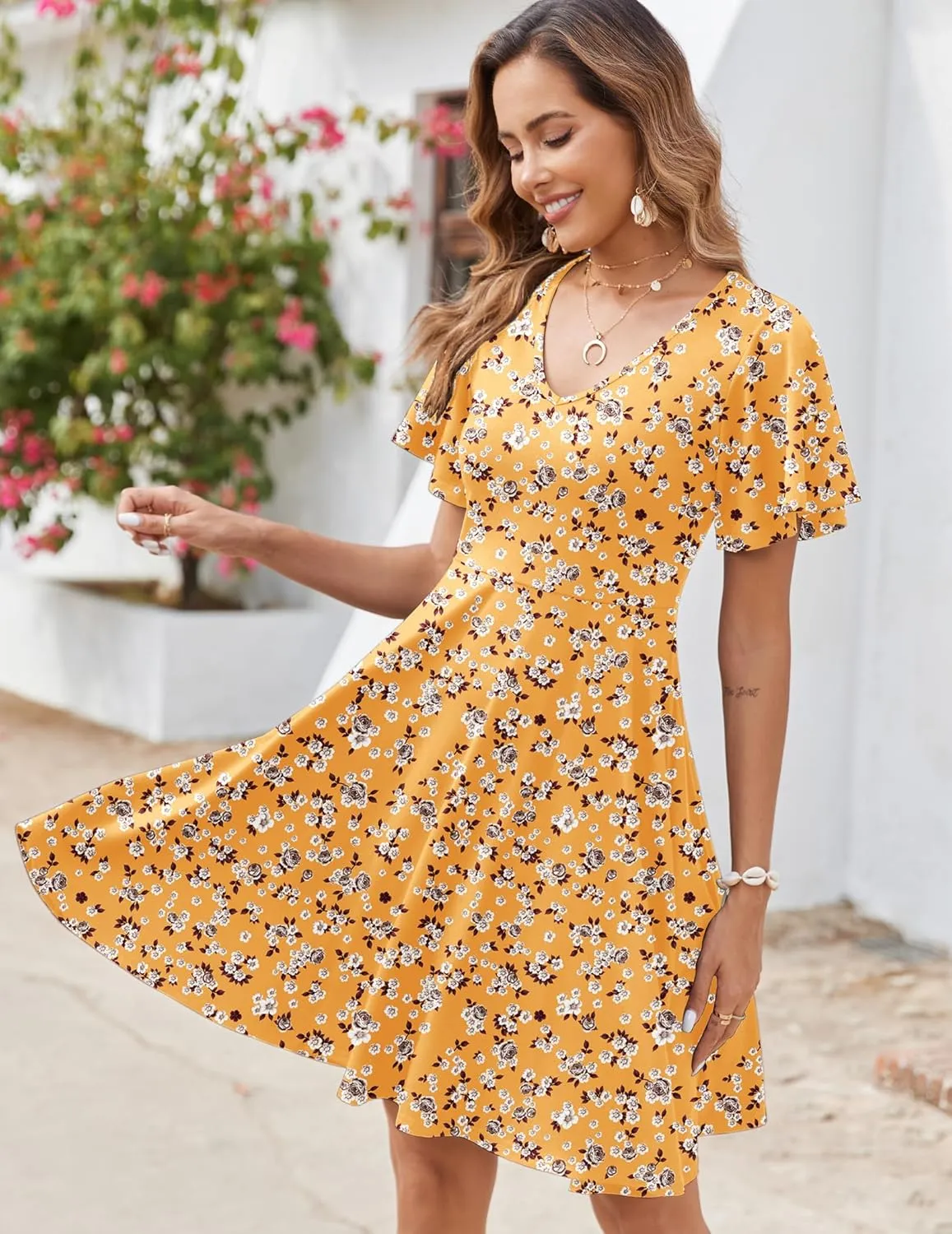 Zeagoo Womens Summer Dress Casual Swing Floral Ruffle Short Sleeve Sundresses Beach Mini A-line Shift Dress 2025 with Pockets