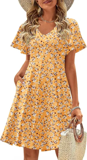 Zeagoo Womens Summer Dress Casual Swing Floral Ruffle Short Sleeve Sundresses Beach Mini A-line Shift Dress 2025 with Pockets