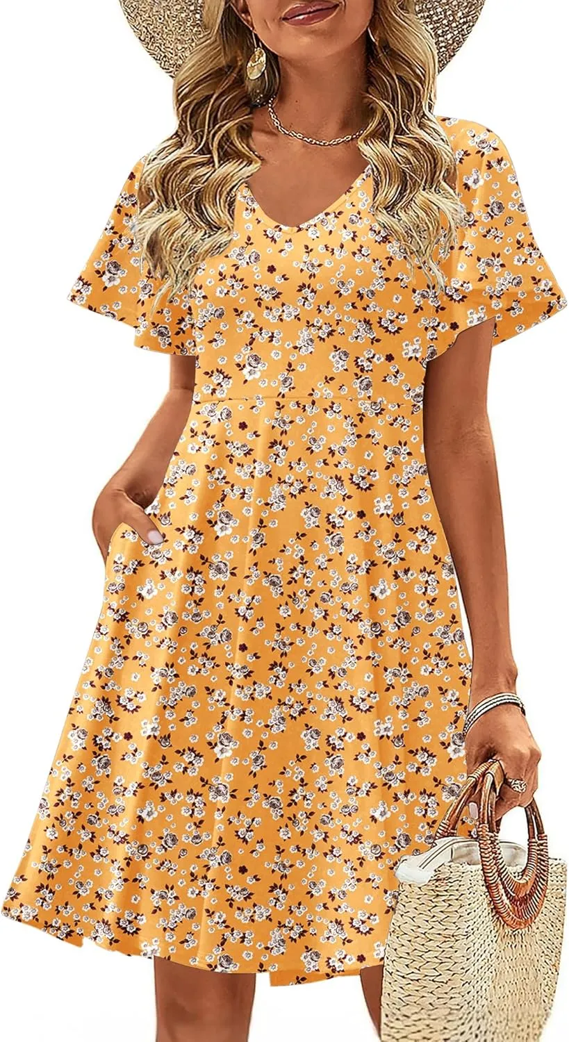 Zeagoo Womens Summer Dress Casual Swing Floral Ruffle Short Sleeve Sundresses Beach Mini A-line Shift Dress 2025 with Pockets