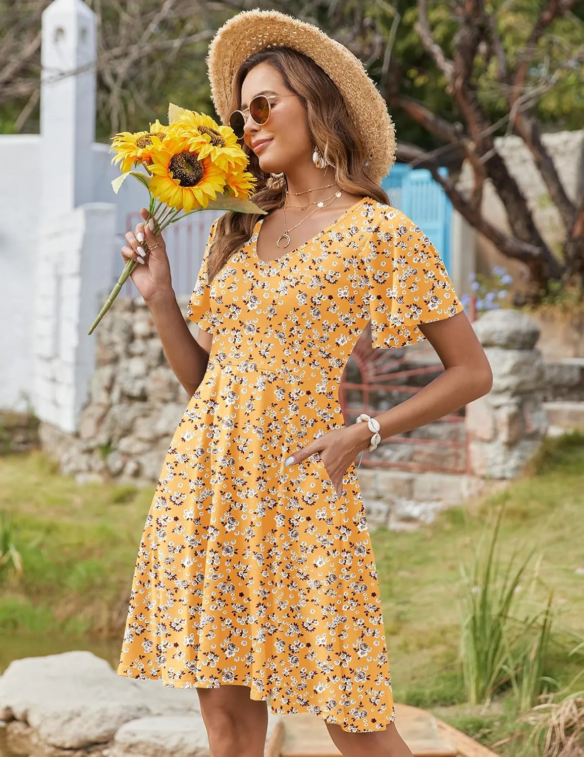 Zeagoo Womens Summer Dress Casual Swing Floral Ruffle Short Sleeve Sundresses Beach Mini A-line Shift Dress 2025 with Pockets