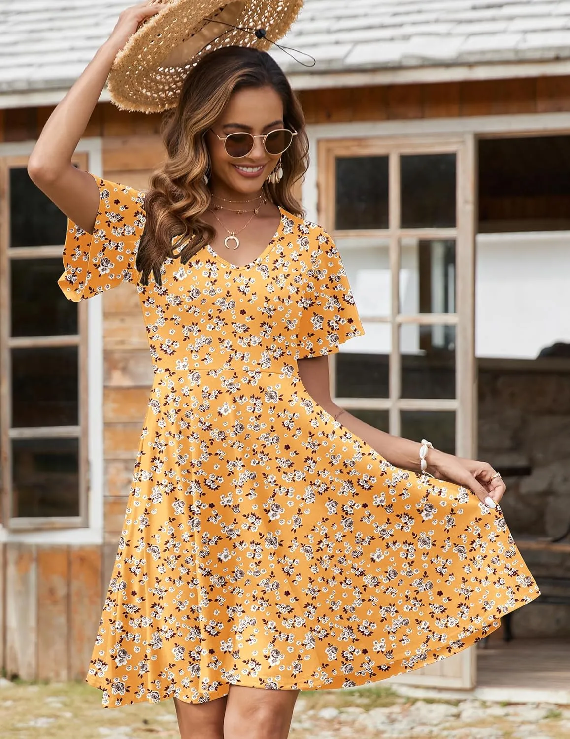 Zeagoo Womens Summer Dress Casual Swing Floral Ruffle Short Sleeve Sundresses Beach Mini A-line Shift Dress 2025 with Pockets